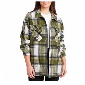 HFX small flannel shacket, green, beige and black. Snap front with pockets